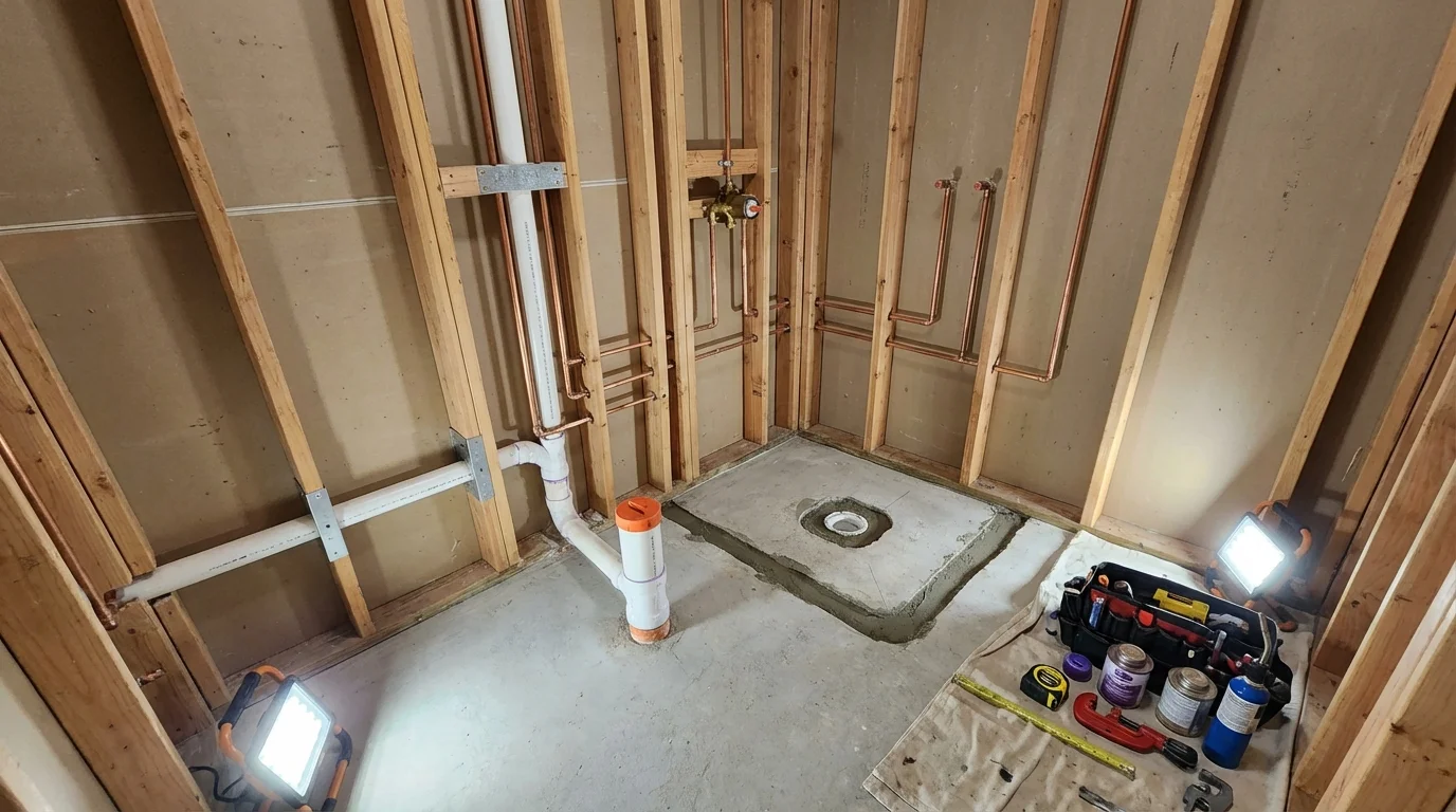 Bathroom rough-in plumbing during remodel by Johns Plumbing LLC in Guyton