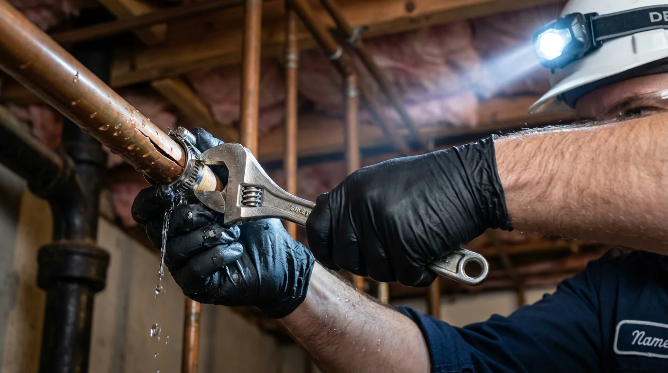 Emergency pipe clamp repair being performed by a Johns Plumbing LLC plumber in Guyton