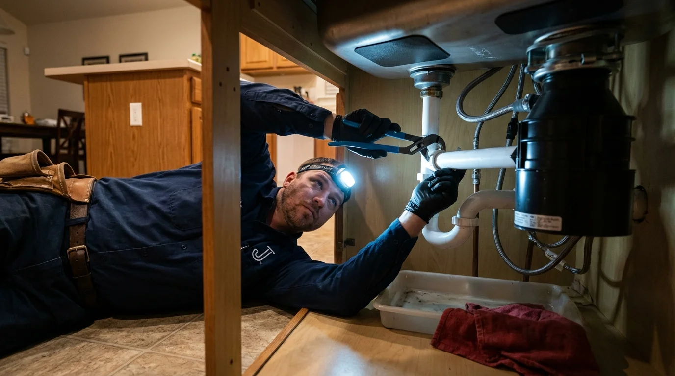 P-trap and supply line connections under a kitchen sink showing a common leak point in Guyton, GA